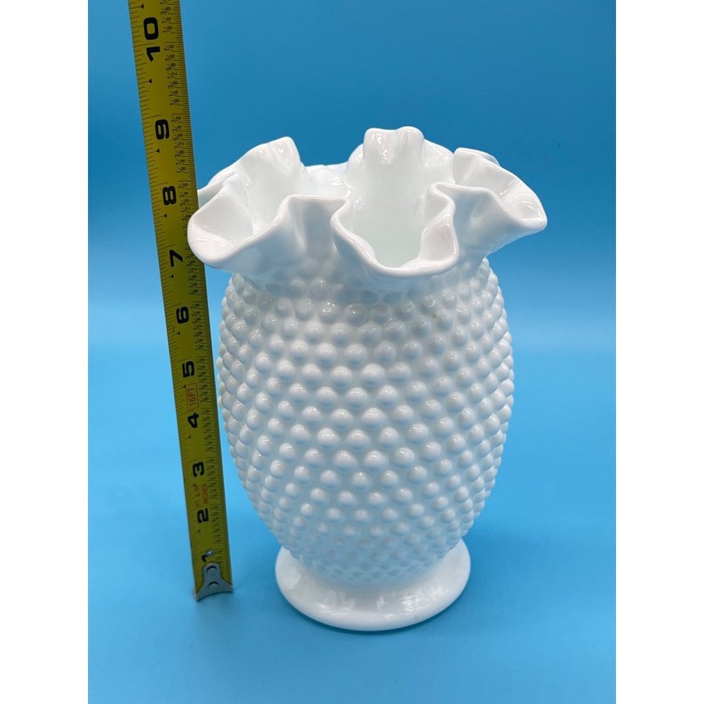 Vintage Fenton White Hobnail Milk Glass Double Crimped Vase 8" tall - Picture 3 of 5